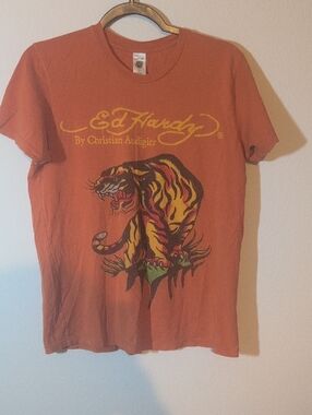 Ed Hardy Orange Tee with Yellow Tiger Graphic